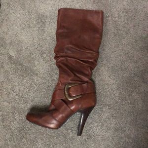 Brown real leather knee high heel boots w/ buckle